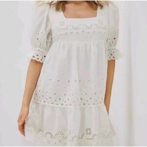 Anthropologie Babydoll Mini Dress Eyelet Coquette Cottagecore Size Large White